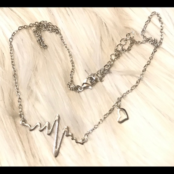 EKG Heartbeat & Dangle Heart Necklace/Silver Plate - Picture 2 of 3